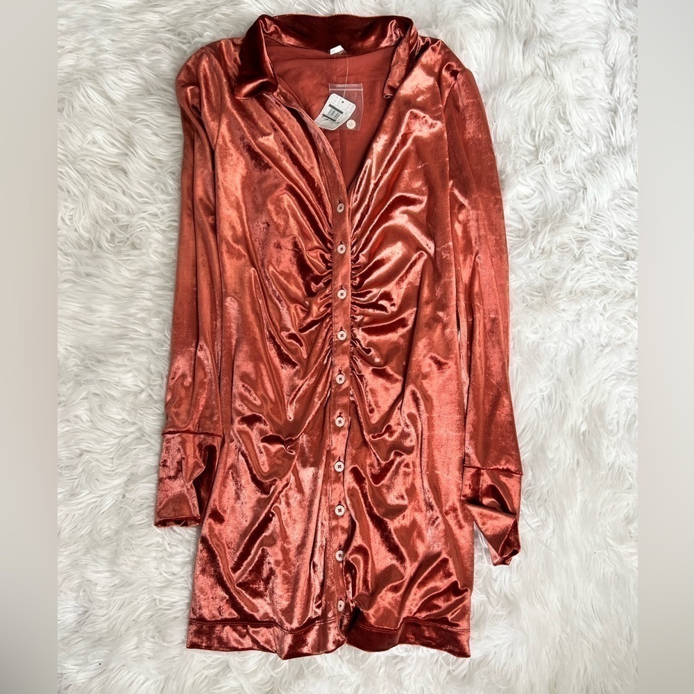NWT Free People Shayla Terracotta Velvet Stretch Button Up Mini Dress Size M